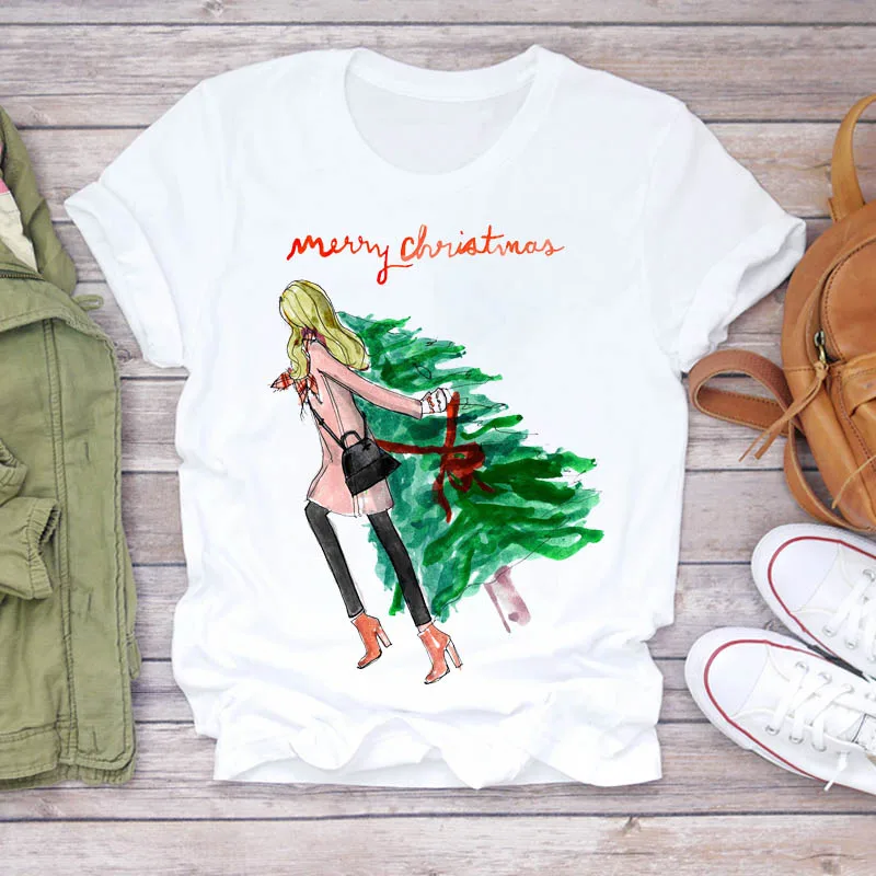 

Women Cartoon Gift Fashion New Year Trend Merry Christmas 2021 Print Lady T-shirts Top T Shirt Ladies Graphic Female Tee T-Shirt