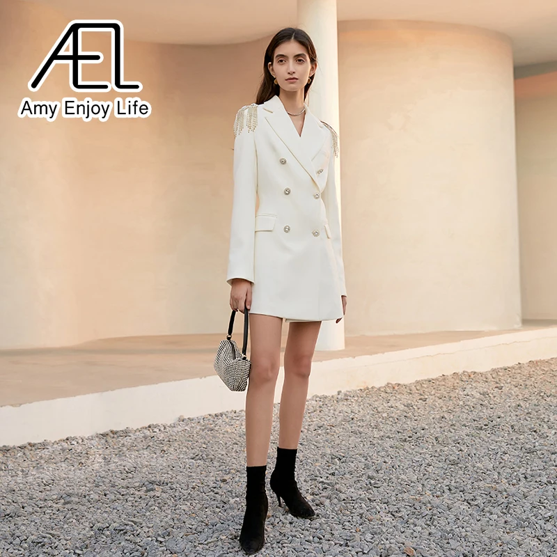 

AEL Women White Blazer Dress Spring Office Wear Elegant Rhinestone Chain Double-Breasted Minidress Slim Suit Coat