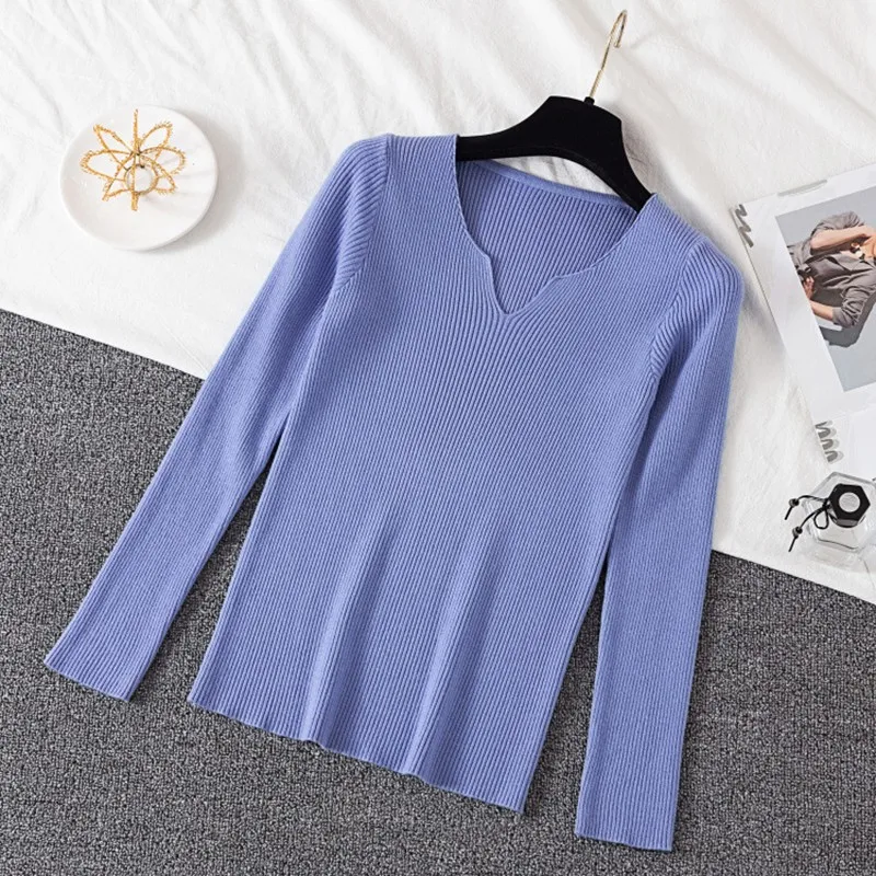 

Women Sweater Pullover V-neck Solid Color Long-sleeved Knit Bottoming Sweaters Fashion slim Stretchable Sweater