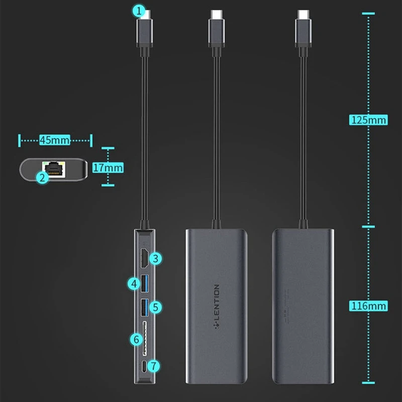 

LENTION 6 in 1 Hub Adapter Aluminum Type-C TO USB-C + 2 x USB3.0 Type-C to HDMI Network Port SD Card Reader for PC Silver