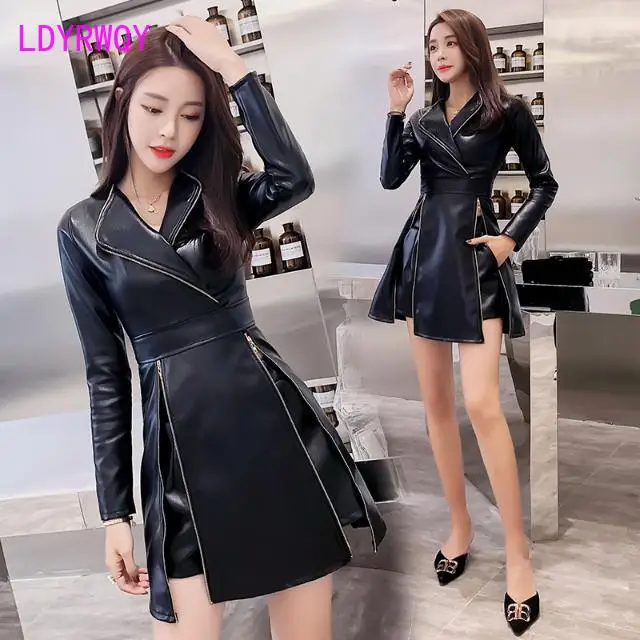 

Two-piece dress retro pu leather skirt waist waist suit collar long-sleeved zipper split a-line skirt pants women
