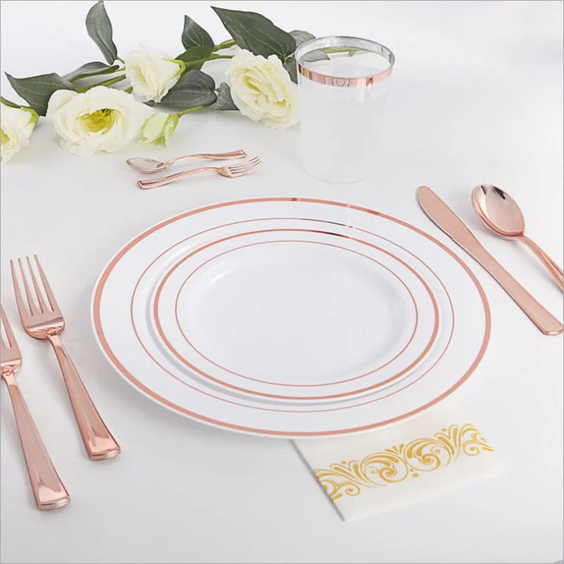 

25 человек гостей розовое золото вечерние пластиковые одноразовые Свадебные тарелки для дня рождения вечерние для вечеринки с танцами вече...