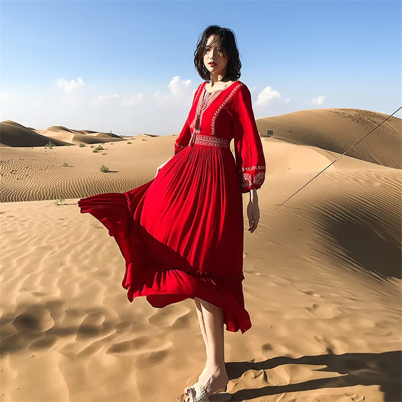 

Autumn Long sleeve Dress for Woman Vintage Red beach dress Holiday Slim High waist dessert female dress vestido de mulher 2020