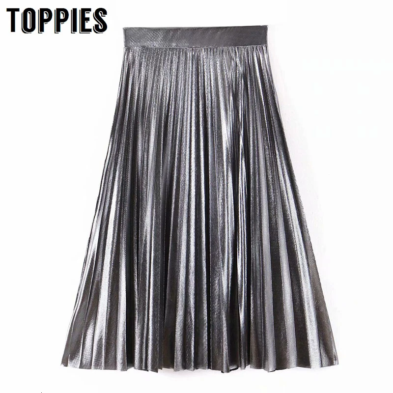 Серебристые плиссированные юбки цвета металлик женские трапециевидной формы с