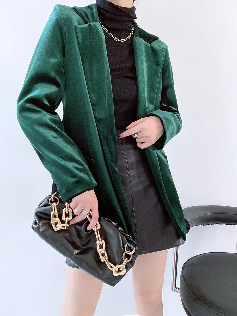 

TMODA364 Za Blazers With Belt Women Fashion Green Velvet Jackets Women Elegant Pockets design Solid Suits Female Ladies