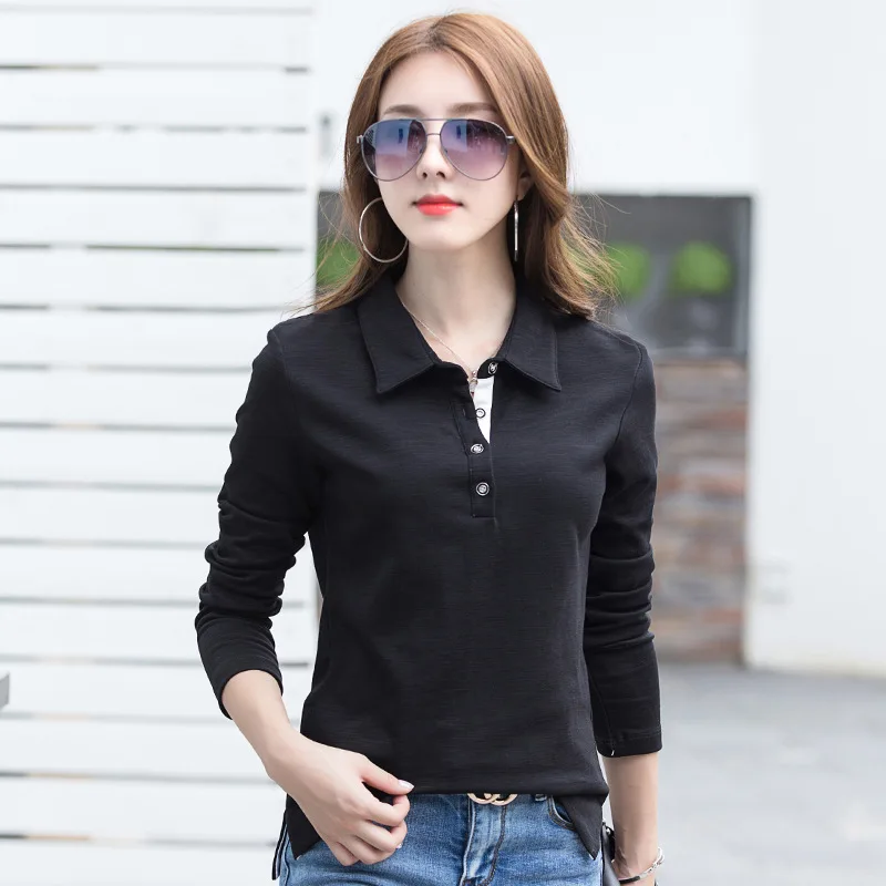 cotton female tops women polo shirts summer tees clothing Long sleeve loose casual ladies clothes Отворот футболка #5678kg |