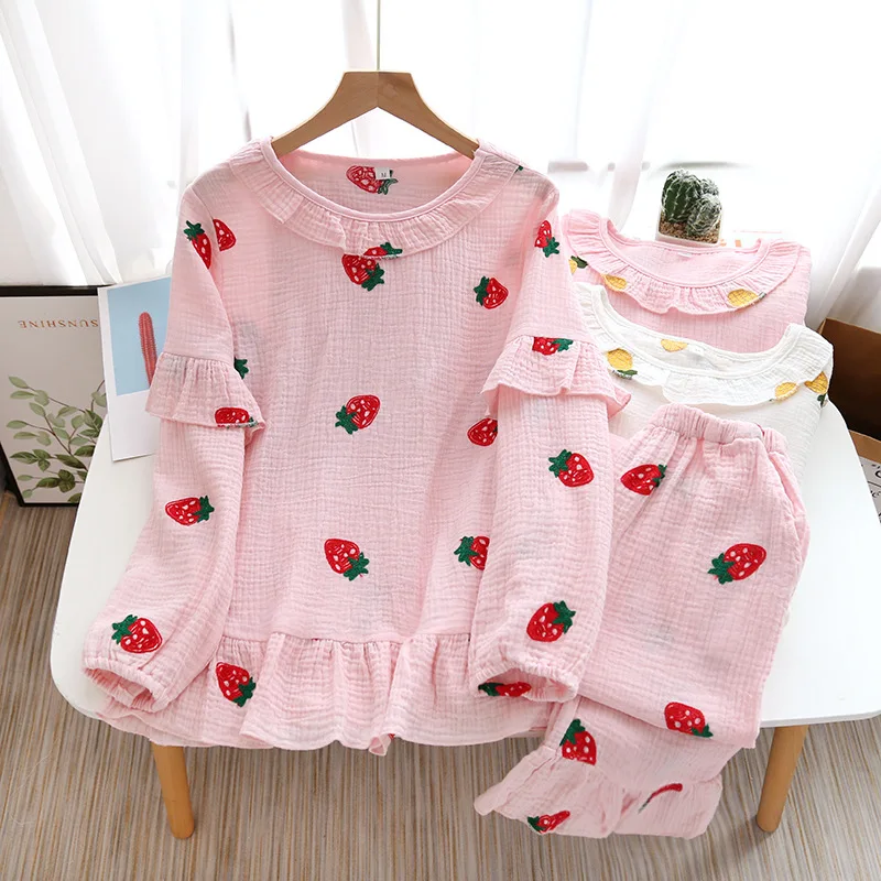 

Fresh Strawberry girls spring autumn long sleeved trousers double-layer crepe Cotton women pajamas set embroidered home clothes