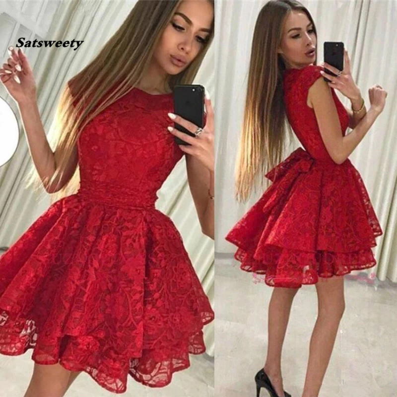 

Beautiful Homecoming Dress 2021 A-line Cap Sleeves Short Mini Lace Applique Tiered Red Cocktail Dresses vestidos de graduacion