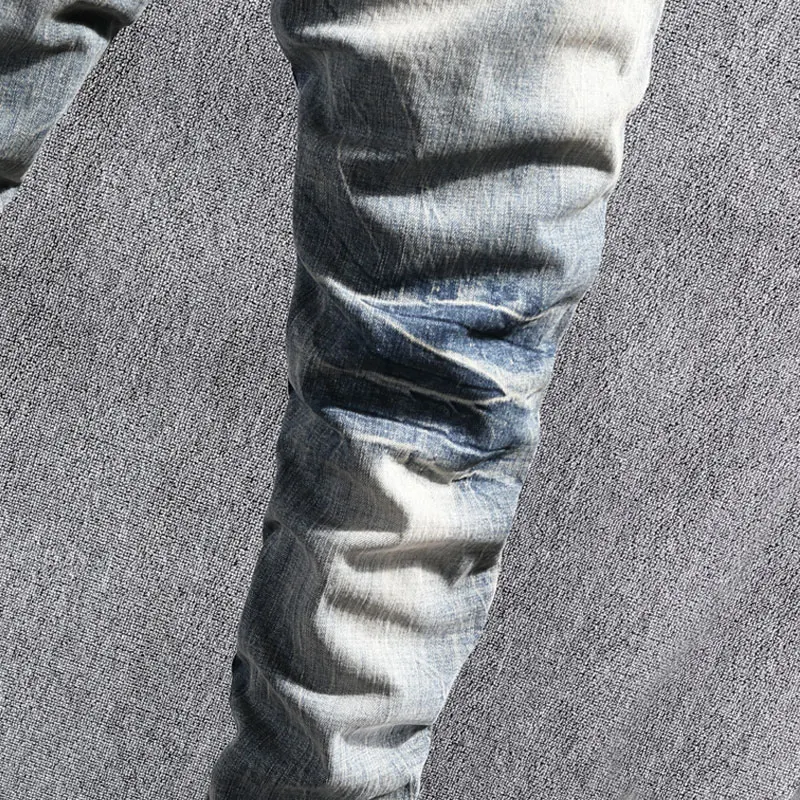 European Vintage Fashion Men Jeans Retro Distressed Washed Slim Ripped Jeans Men Streetwear Designer Elastic Casual Denim Pants