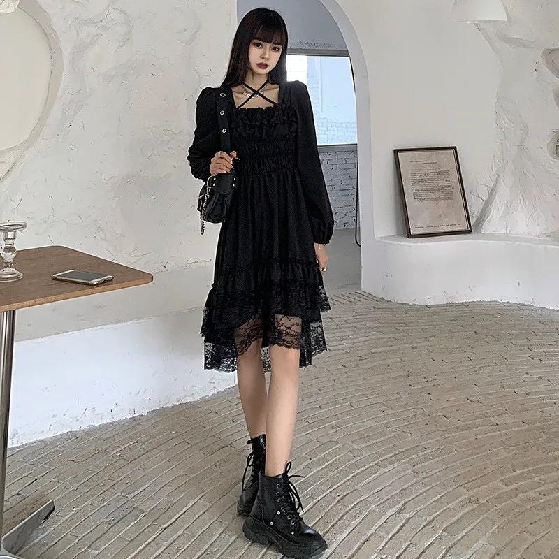 

New Gothic Women Black Fairy Party Dress Cross Square Collar Lolita Princess Irregular Dress Cute Kawaii Lace Ruffles Chic Dress