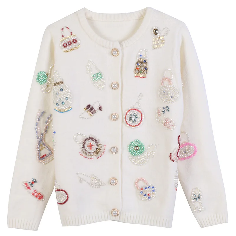 

Women Brand Winter Clothes Sweater Jacket Long-sleeved O-neck Geometric Beaded Knitted Single Breasted Black White Cardigan Tops