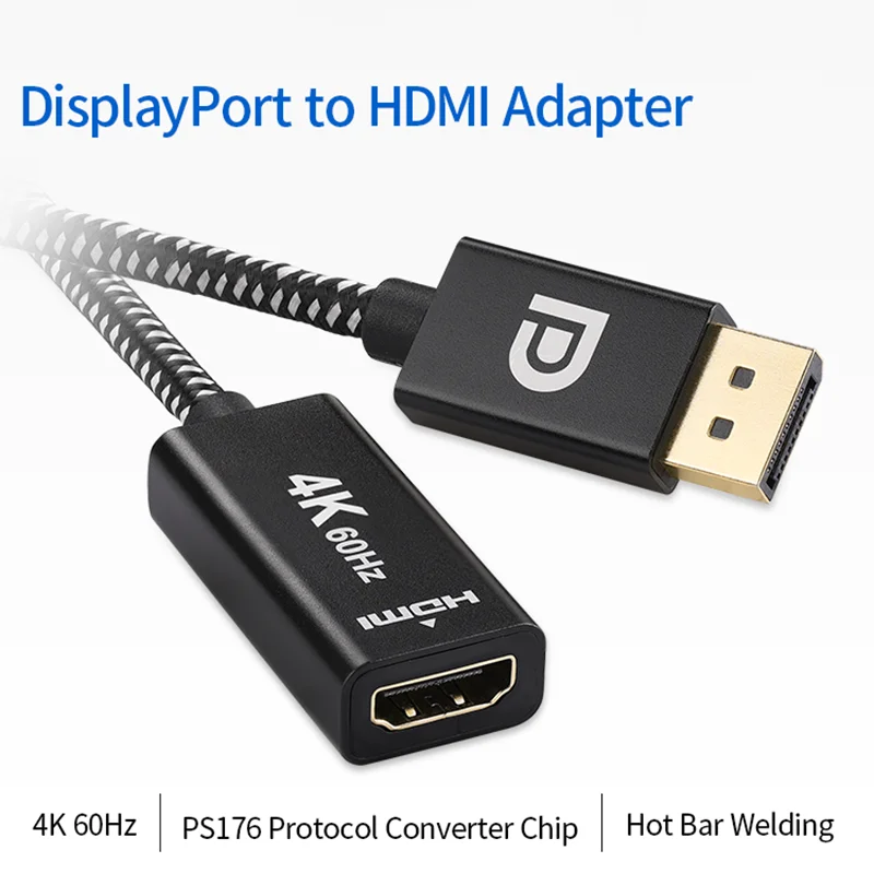 Высококачественный Адаптер DP к HDMI-кабелю 20 см черный нейлоновый плетеный 4K 60 Гц