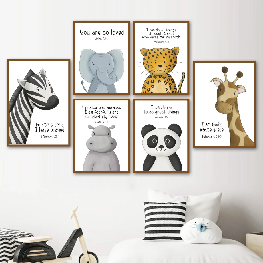 

Cartoon Elephant Zebra Giraffe Panda Quote Wall Art Canvas Painting Nordic Posters And Prints Wall Pictures For Kids Room Decor