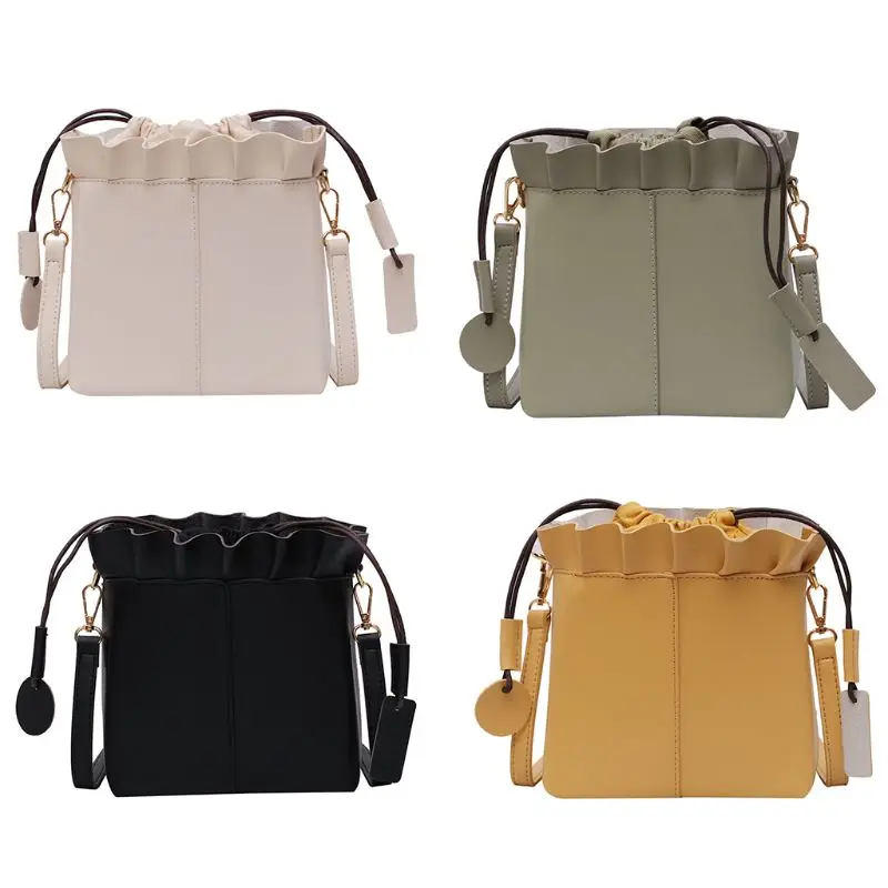 

Sweet Fashion Lady Single Shoulder Diagonal Package Spring Summer Curling Ruffled Lace Drawstring Small Bucket Bag