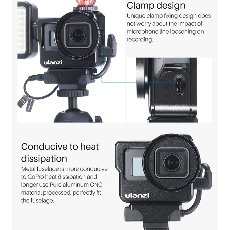 Ulanzi V3 Vlog Case Metal Cage for Gopro 7 6 5 Vlogging with 52MM Lens Filter Mic Power Adapter Cold Shoe Microphone |
