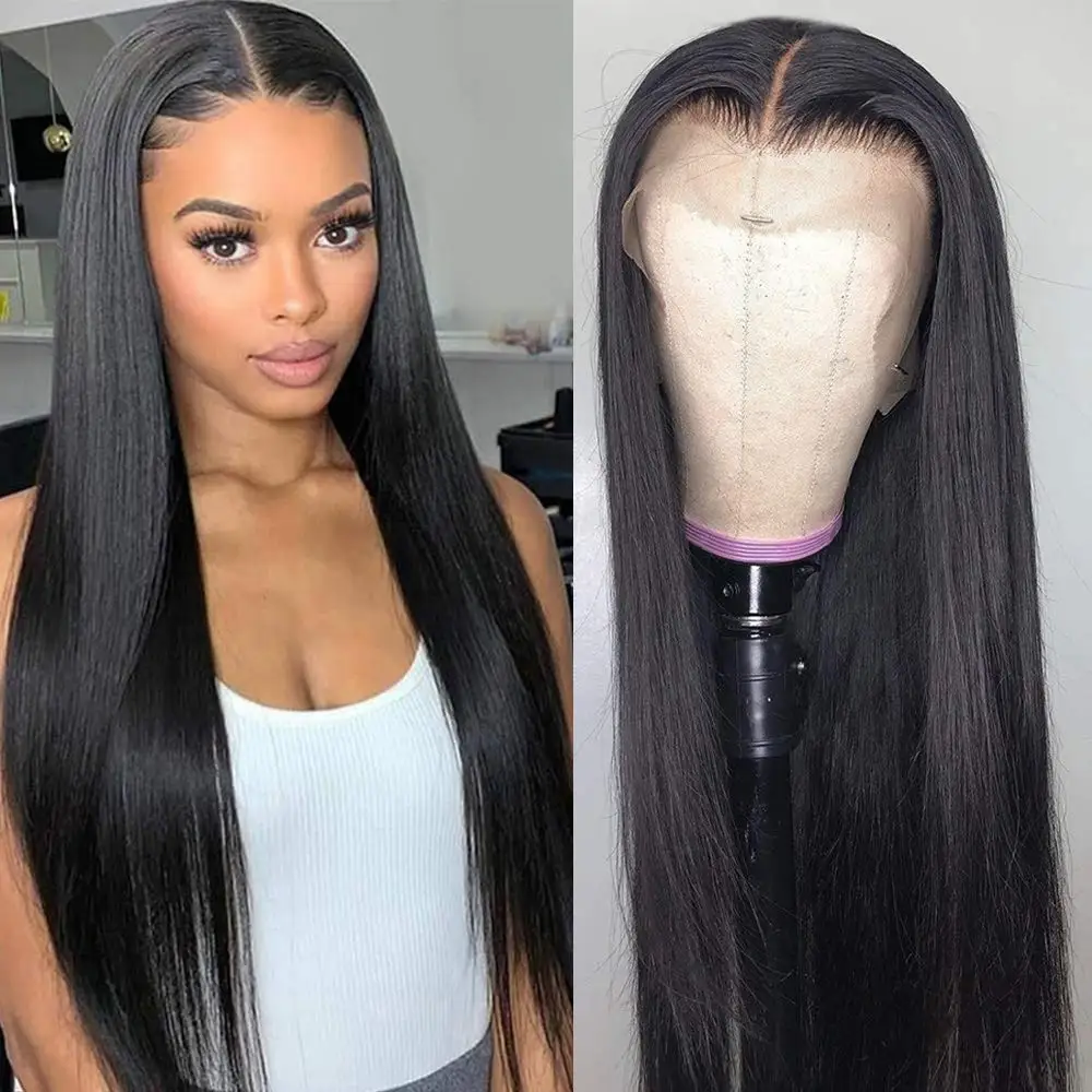 Puromi-Peluca de cabello humano liso para mujeres negras, postizo de encaje Frontal, transparente, brasileño, parte profunda