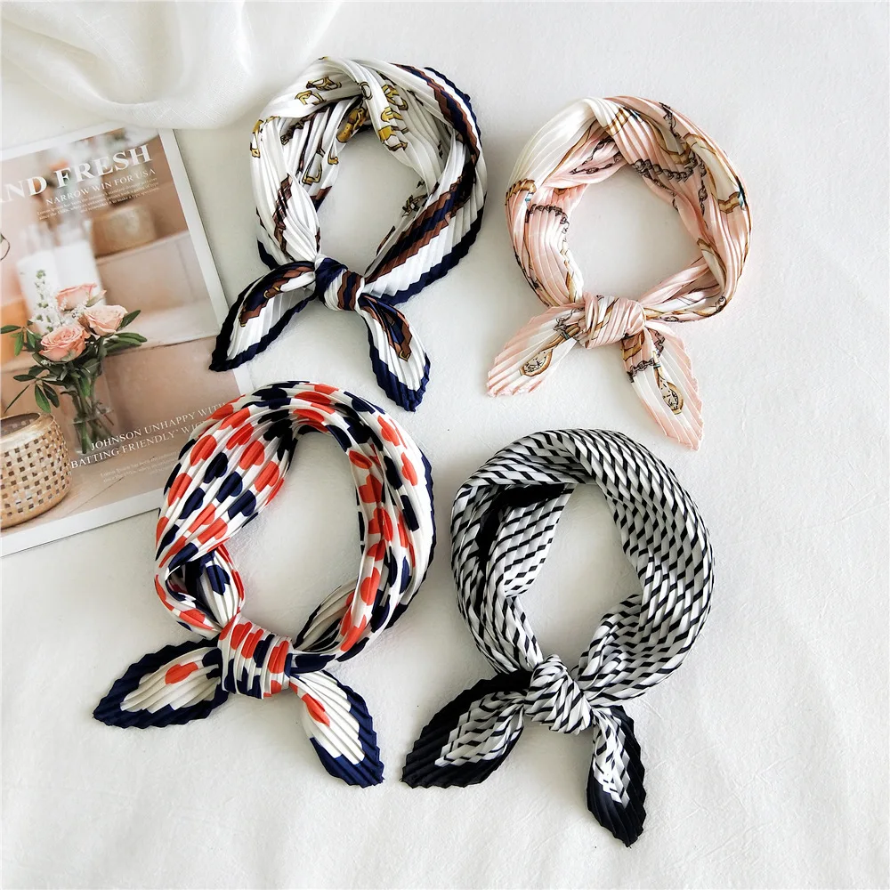 

50*50cm Small Square Silk Scarf Fashion Crinkle Crumple Satin Neck Scarves Lady Pleated Floral Femme Shawl Bandana Handkerchief