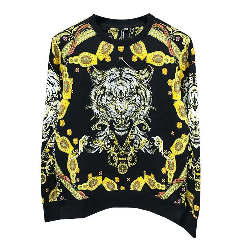 

2021Spring And Autumn New Luxury Tiger Head Hot Drilling Round Neck Hoodie Men's High Quality Fashion Slim Pullover