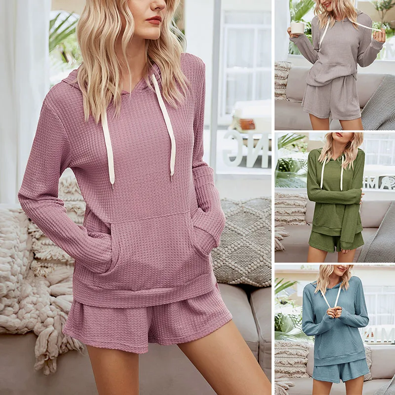 

Women Hoodies Sweatshirt+Shorts Sweat Suit Solid Color Tracksuit 2 Piece Set Casual Sport Jogger Suit