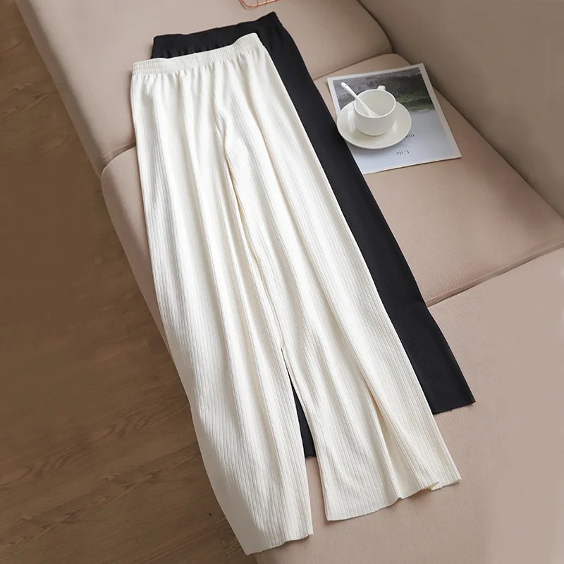 

High Quality 2021 Wide-leg Women's Pants High Waist Full-lenth Loose White Black Pants Casual Long Ice Silk Pants Women Trousers
