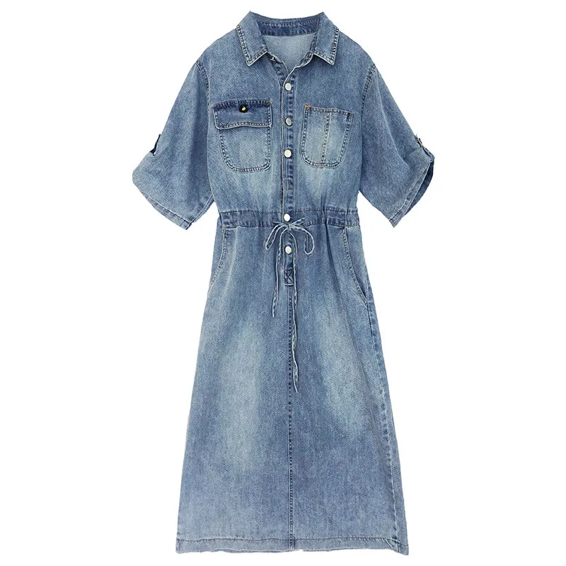 

Retro Denim Dress Women Spring Summer Clothes 2021 New Waist Mid-length Style Dress f586