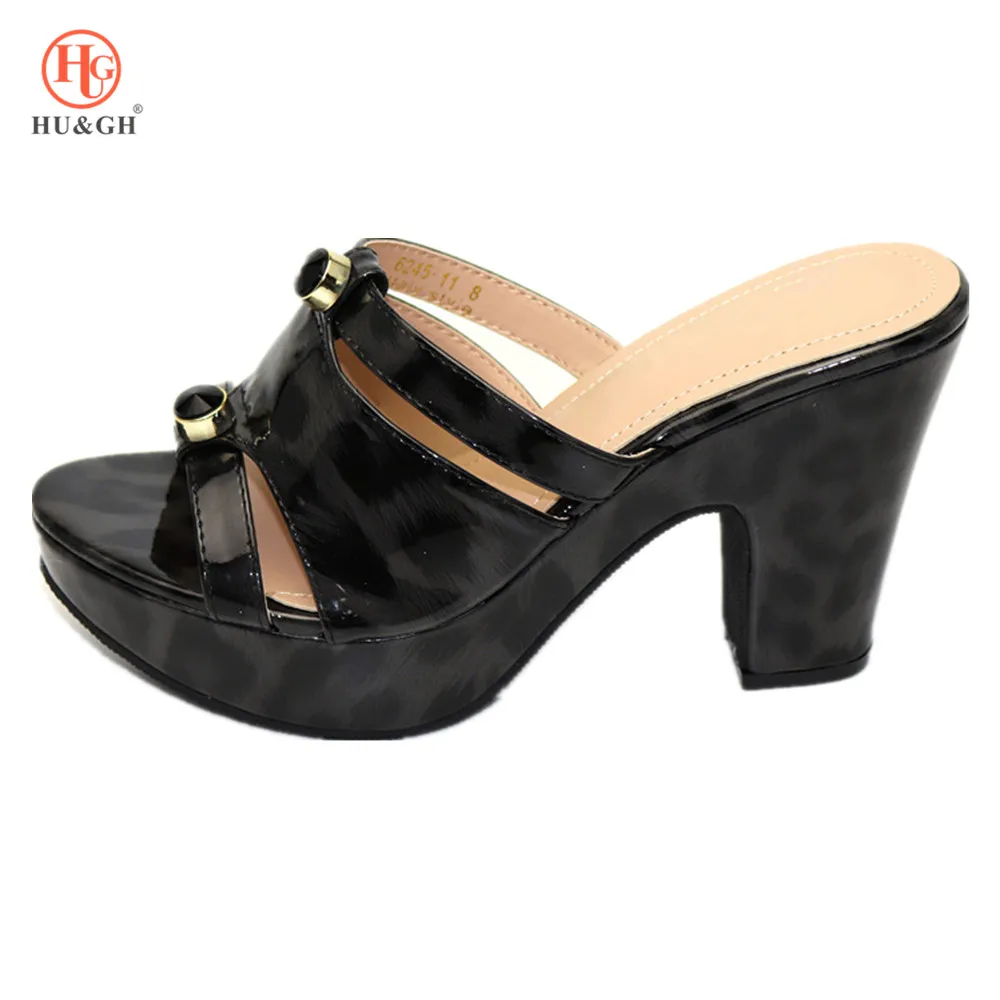 Black Color Women Shoes African Sandals Nigerian Wedding and Bag Sets with Leopard Pattern Italian Heels Slipper |