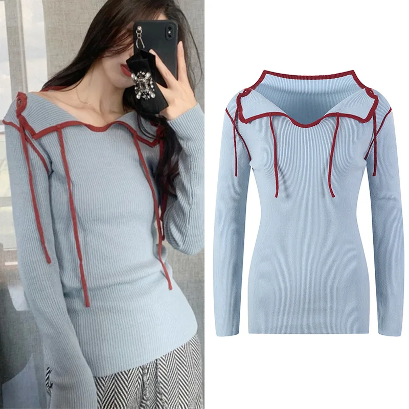 

Женский трикотажный свитер в полоску, Повседневный пуловер с длинным рукавом, свитер в винтажном стиле, Корейская уличная одежда, осень-зим...