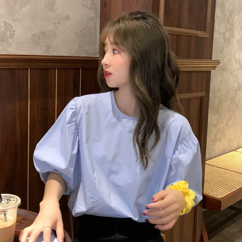 

KUSAHIKI Causal Puff Sleeve O-neck Blouse Shirt Korean Solid Pullover Tops 2021 Summer Fashion Blusas Mujer De Moda 6G573