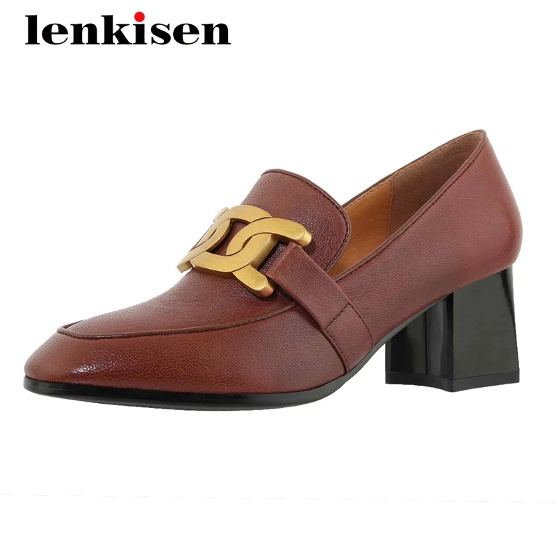 

Lenkisen korean girls metal decorations streetwear sheep leather square toe thick high heel slip on office lady women pumps L26