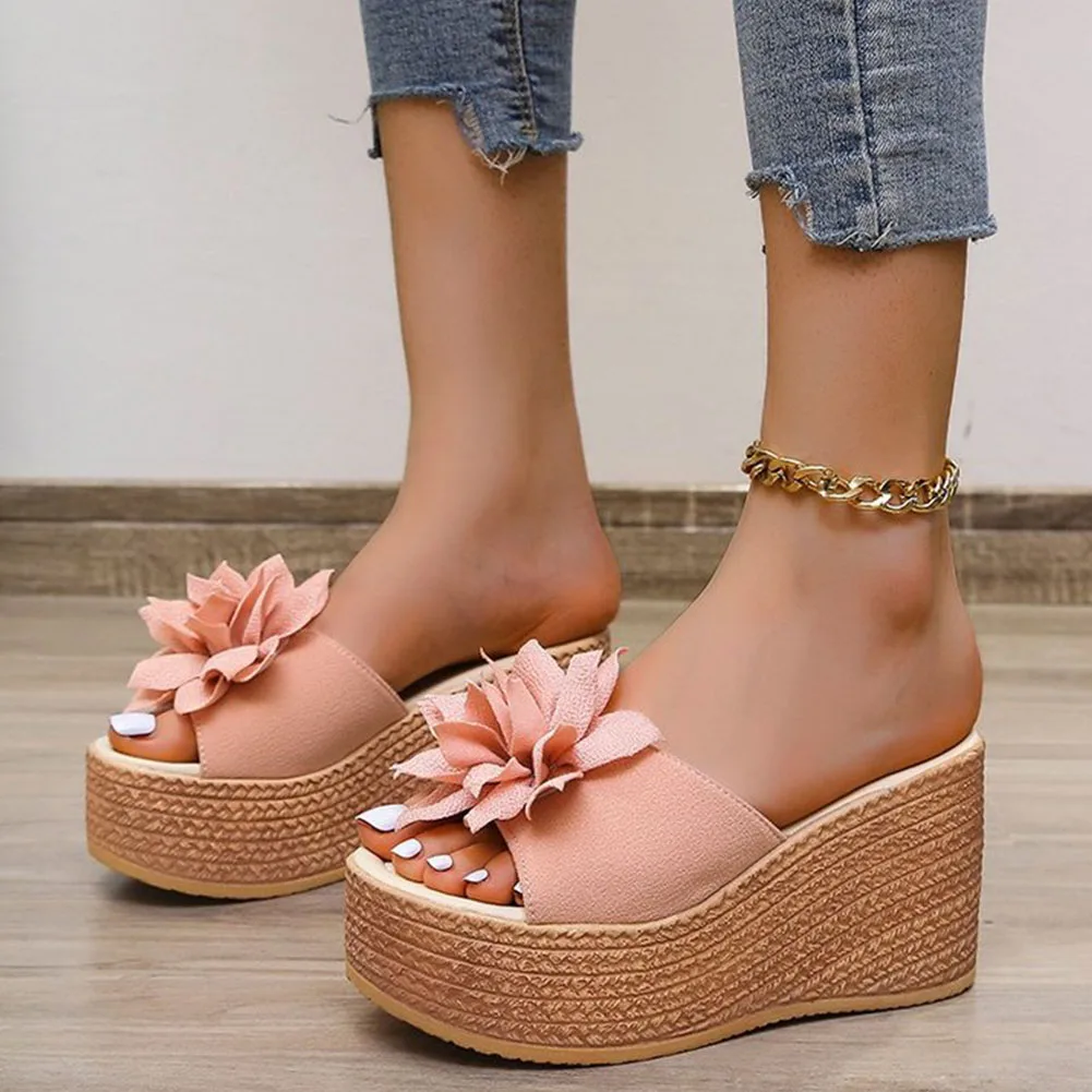 

DORATASIA On Sale Flock Slides Wedges Solid High Heel Flower Peep Toe Shoes Slip On Summer 2021 New Leisure Women Slippers