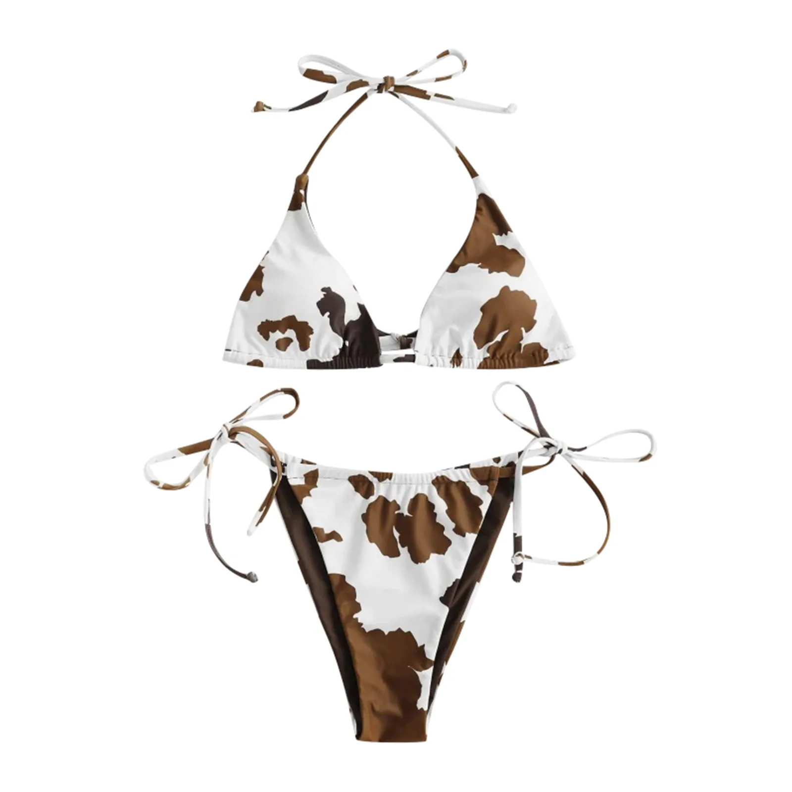 

2PCS Sexy Women Summer Swimwear Cow Print Split Sets Bikini Set Bra Tie Side G-String Thong Beach Suit Swimsuit Bathing Suit