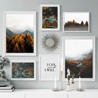 Лес, горы, река, птица, осень, пейзаж, настенная живопись, холст, скандинавские постеры и принты, настенные картины для декора гостиной