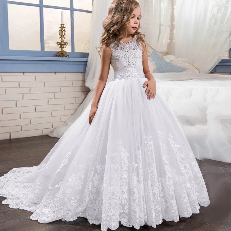

Tailing Girls Christmas Costume White Bridesmaid Kids Clothes Children Long Princess Dress Party Wedding Dress 14 10 12 Years