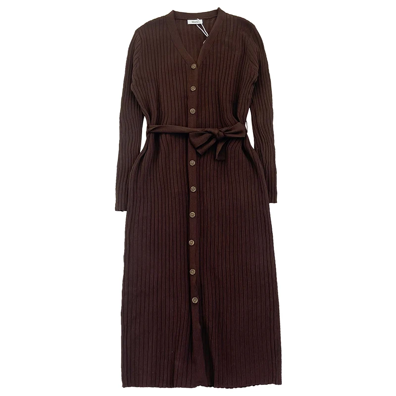

2020 New Women Casual Sweater Dress Spring Autumn Long Sleeved Single-breasted Midi Knitted Dresses Ladies V Neck Bandage Dress