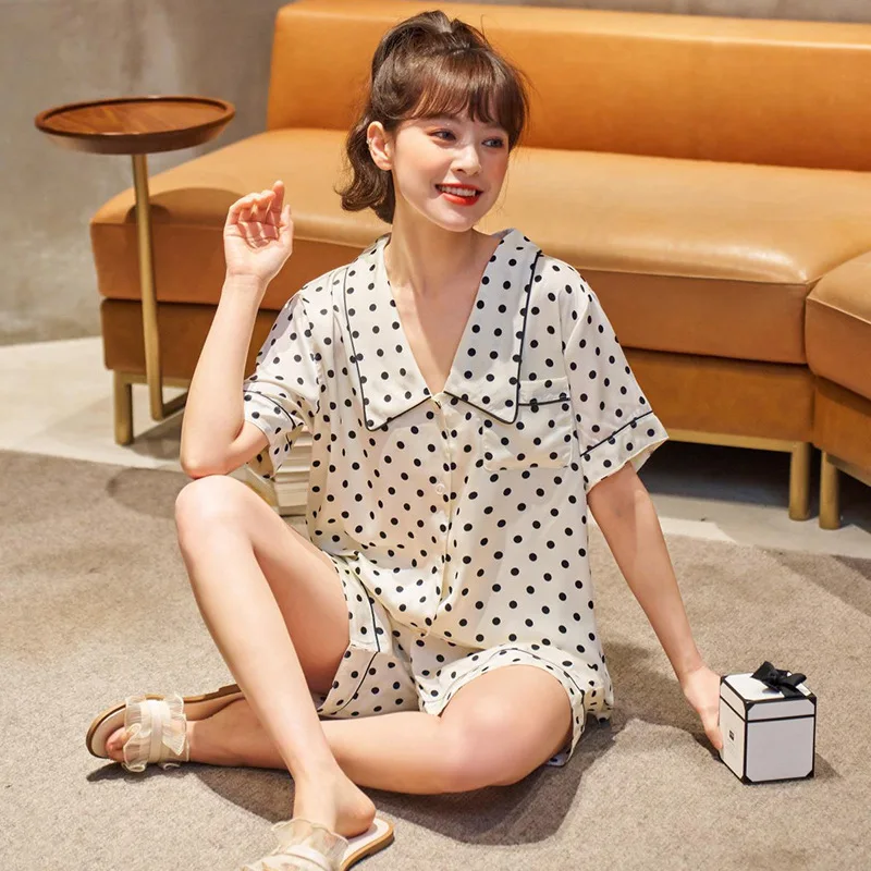 Ice Silk Pajamas Women's Summer Short Sleeve Thin 2Pcs Sets Silk Like Sexy Nightwear Cute Large Size Home Wear Sleepwear