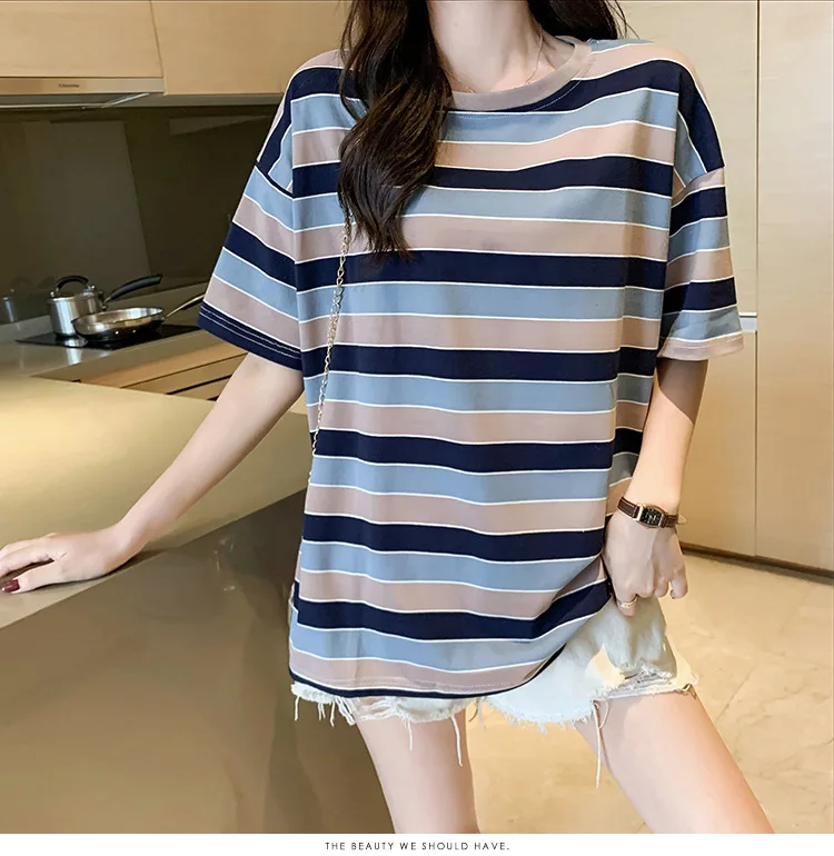 

Rainbow stripe women's T-shirts 2020 Summer Harajuku T Shirt Korean Tops Kawaii Streetwear Camiseta Mujer L0728