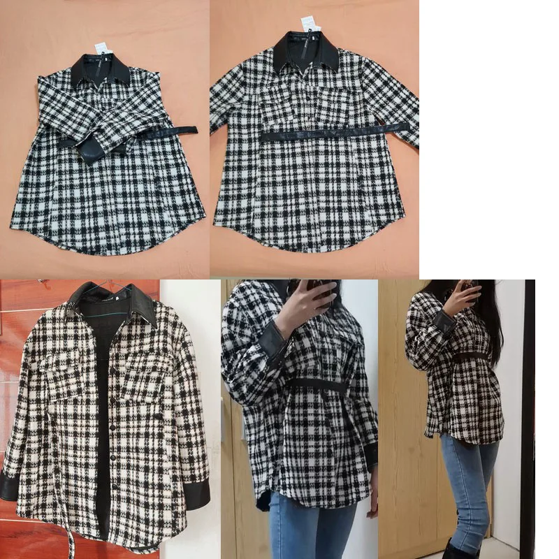 Шерстяное пальто WSYORE свободное приталенное в черную клетку с поясом большие