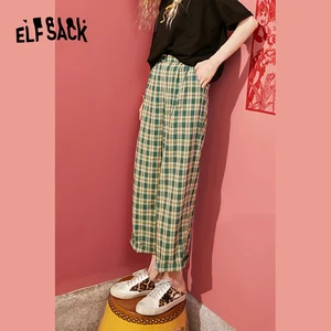 ELFSACK зеленые клетчатые Свободные повседневные женские брюки с высокой талией 2020 весенние красные прямые брюки в Корейском стиле