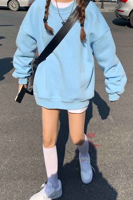 

Soft milk blue sweater women Plush thickened autumn and winter new loose Korean round neck top fashion
