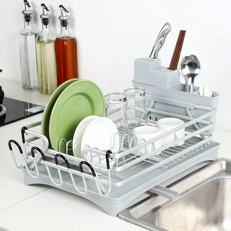 

5 in 1 Aluminium Alloy Kitchen Drying Dish Rack Sink Drain Knives Holder Flatware Storage Box Accessories Plates Bowls Organizer