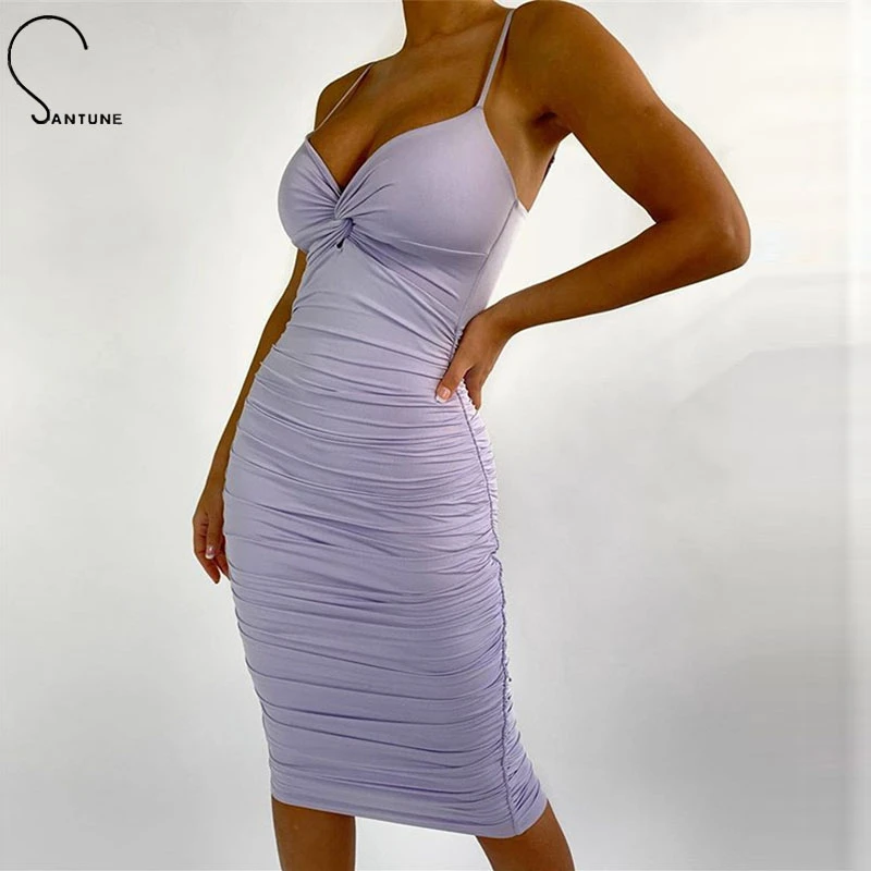 Женское плиссированное платье на бретельках Santune летнее облегающее с открытой