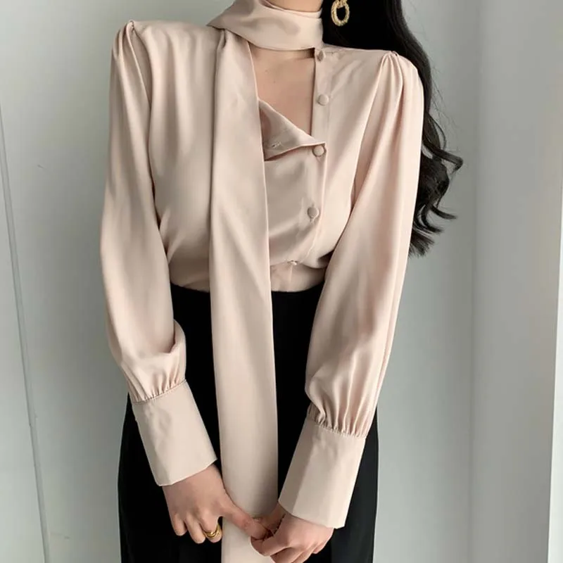 

Women buttons white shirts blouse Long sleeve solid bow tie elegant office ladies work wear blouses Casual tops Chic YNZZU YT837