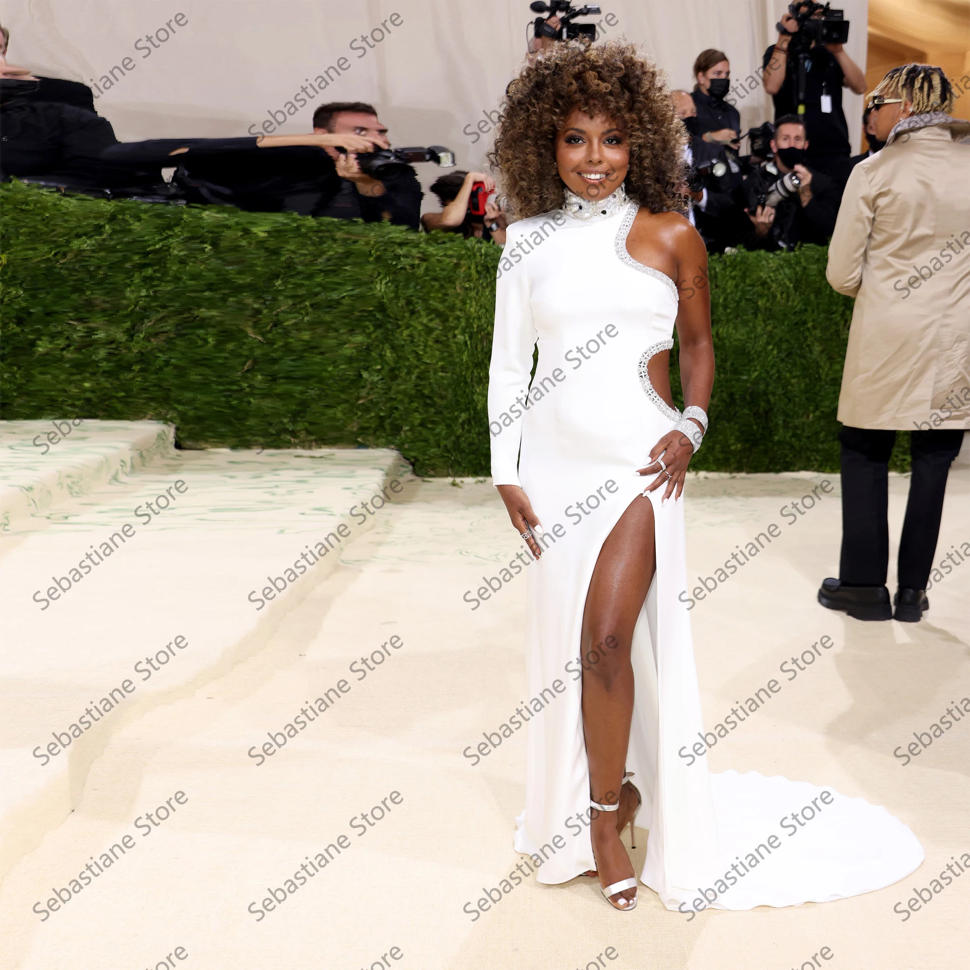 

Sexy Elegant Prom Dresses One Shoulder Long Sleeve High Neck Split Crystals Plus Size Women Evening Party Celebrity Dress Custom