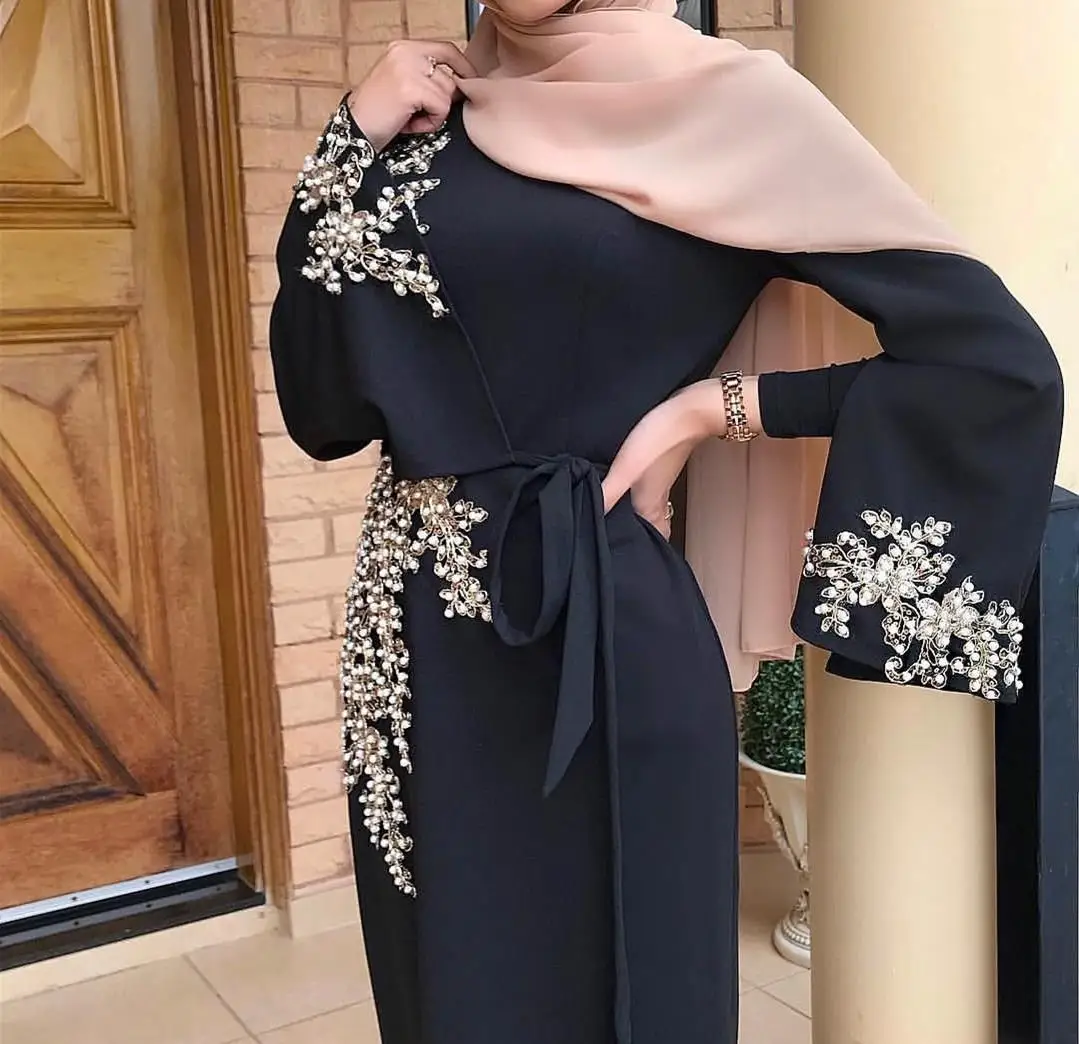 Dubai Slim Muslim Dress Women Lace Abaya Beading Applique Islamic Clothing Elegant | Женская одежда