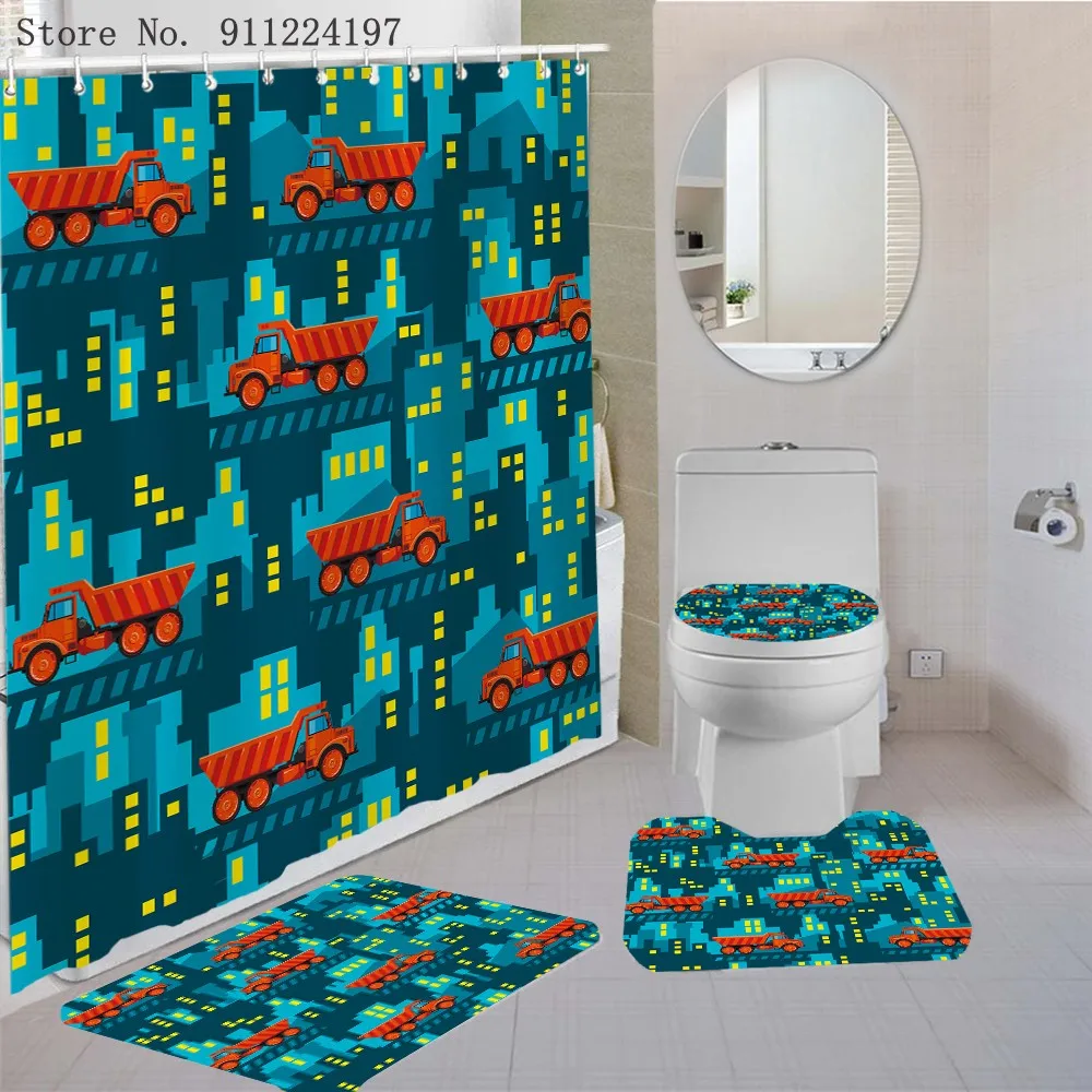 

Cartoon Truck Printed Bath Curtain Four-Piece Washable Hook Toilet Curtains Waterproof Anti-Slip Polyester Carpet Toilet Cover