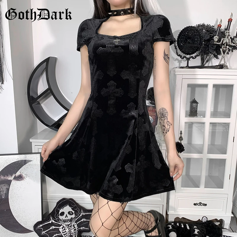 

Goth Dark Vintage Gothic Casual Women Velvet Dresses Punk Cross Scratched Emo Black Dress Grunge Bodycon Alt Clothes Fall Winter