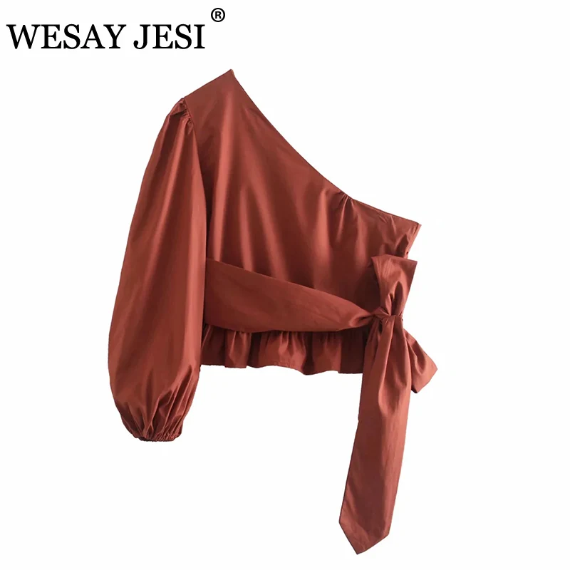 

WESAY JESI Women Clothes Blouses TRAF ZA Oblique Collar Off-shoulder Unilateral Puff Sleeve Long-Sleeved Waist Slimming Shirt
