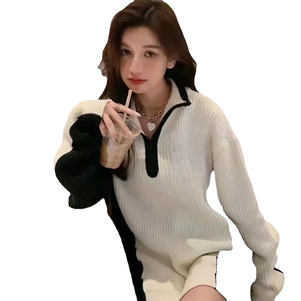 

2021 Autumn And Winter New Korean Style Black And White Color Matching Turtleneck Zipper Mid-Length Knitwear Sweater
