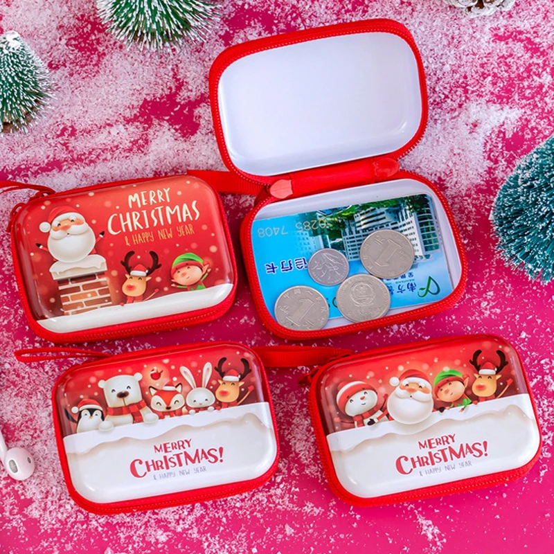 EZONE Tinplate Merry Christmas Coin Purse Cartoon Santa Elk Snowman Printed Round Red Alloy Zipper Money Small Pockets Purses |