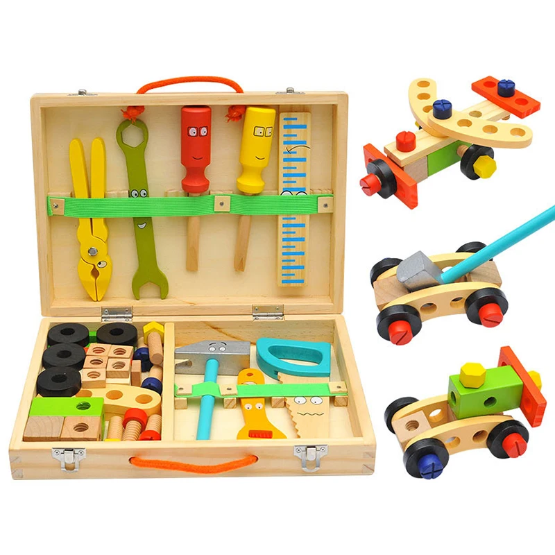 

Set Educational Montessori Kids Toys Wooden Toolbox Pretend Play Preschool Children Nut Screw Assembly Simulation Carpenter Tool